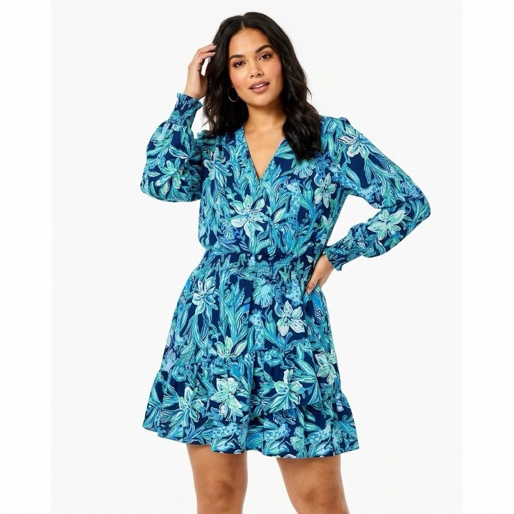 Lilly Pulitzer Christana Stretch Dress Size 14 High Tide Navy‎ Smocked Waist NEW